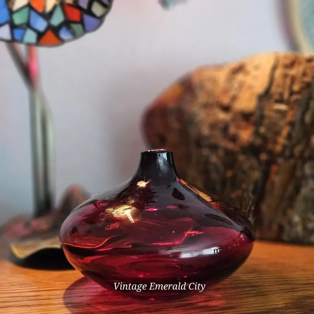 Vtg Ruby Cranberry Red Salong Hand Blown Glass Bud Vase Rounded Accent Piece
